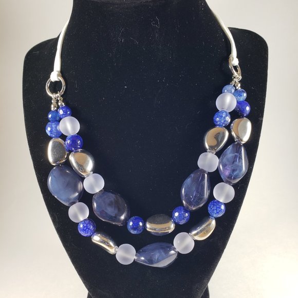 Jewelry - Women's Blue, White and Silver beaded statement Necklace attach to White Threads